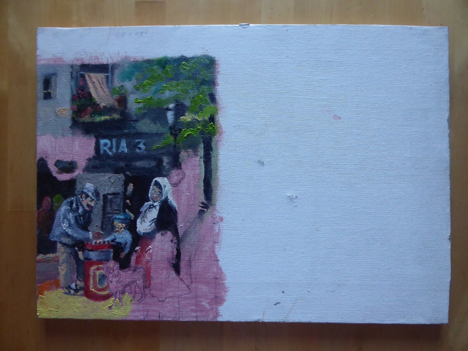 Painting Not Finished With Scene & Characters IN A Street of Madrid Vintage MD7