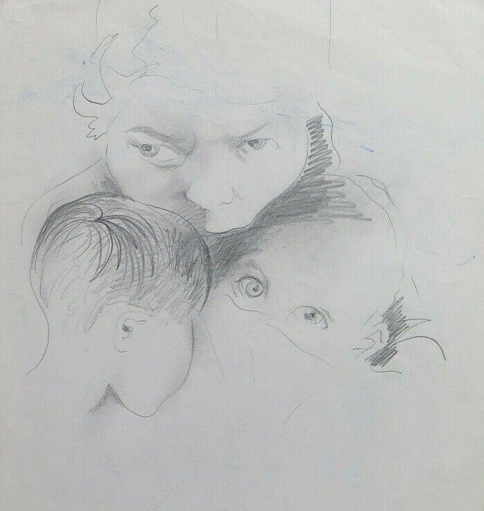 Portrait of Mum With Children Sons Old Drawing Pencil paper Vintage P28.8