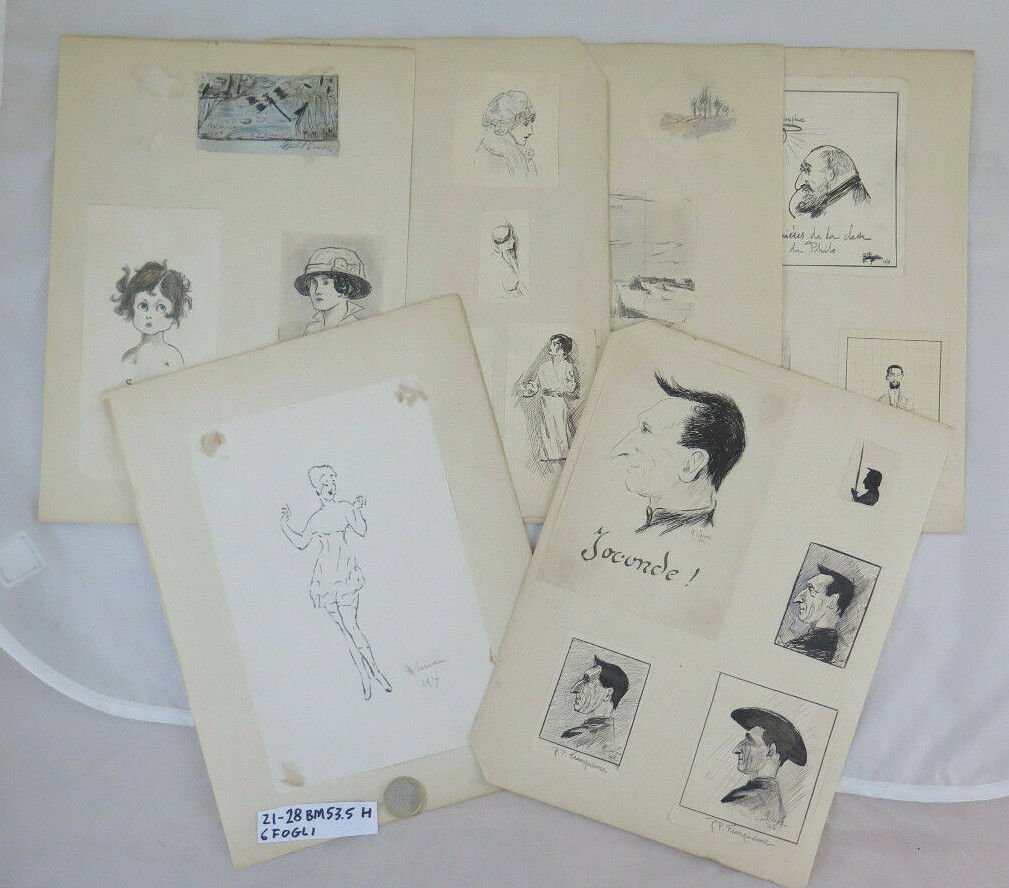 Collection Of drawings Antique Signed M.Serive Portrait Caricature 1900 BM53.5H