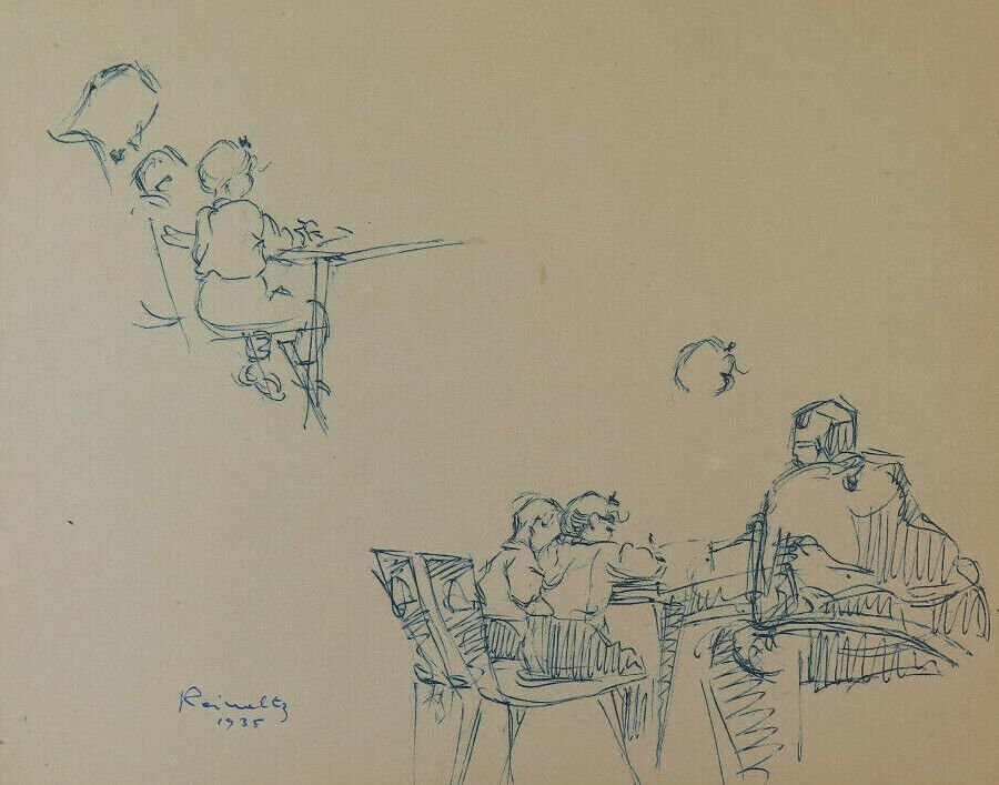 Drawing Antique Sketch Children School Pen paper Signed Reinoltz 1935 BM53.2