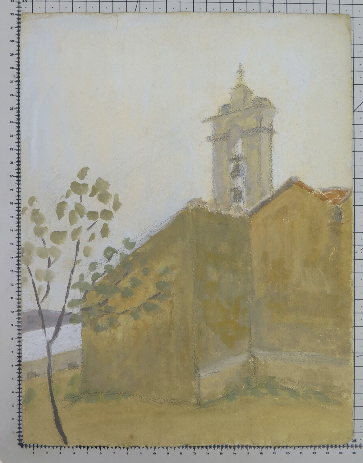 Old Painting Technical Mixed View Church Countryside France 1937 BM53.6D