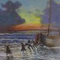 Old Painting landscape Sea Nightfall Painting Signed Reynaud Years' 70 Bsn