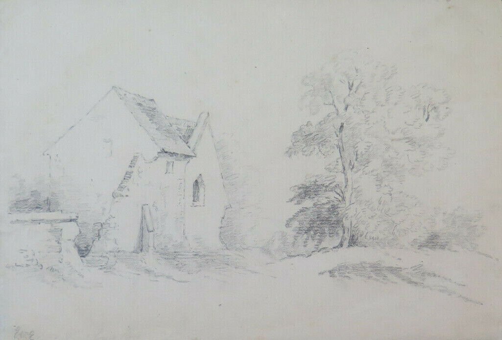 Antique Drawing Pencil On paper View Countryside Signed Painting BM53.5b