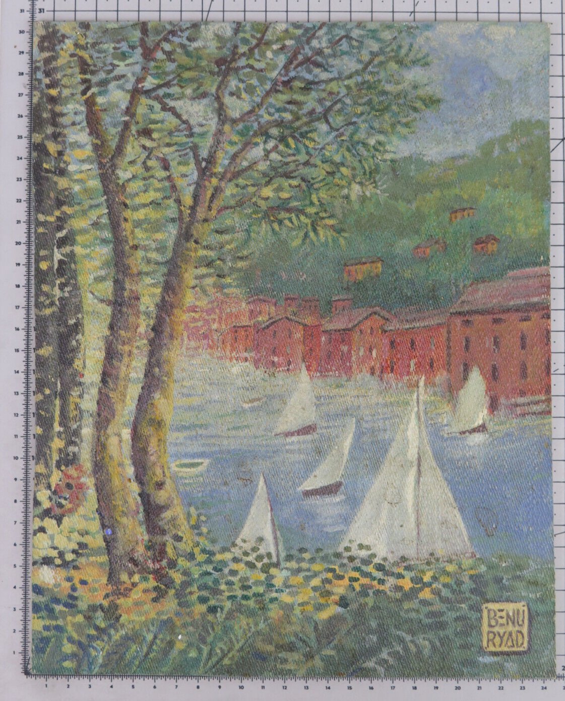 Small Painting Vintage Signed Reynaud View Lakesdie Boat Sailing Painting Bsn