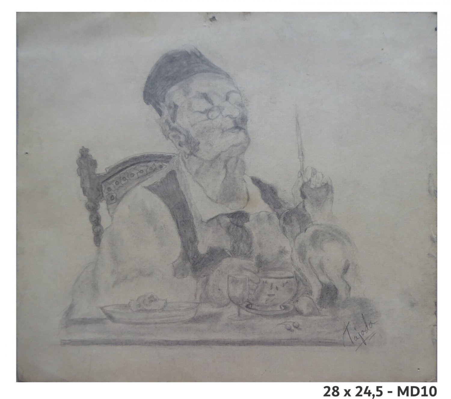 Portrait Male With Cat Old Drawing Signed Tajada Spain '900 MD10