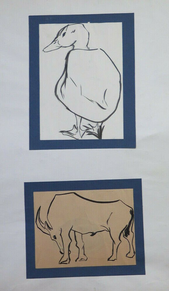 Two Old drawings With Animals Gosling And Goat Watercolour paper Vintage BM53.4