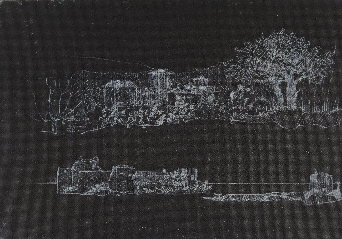 Views Countryside Old Painting On Board White Black Old Vintage X4