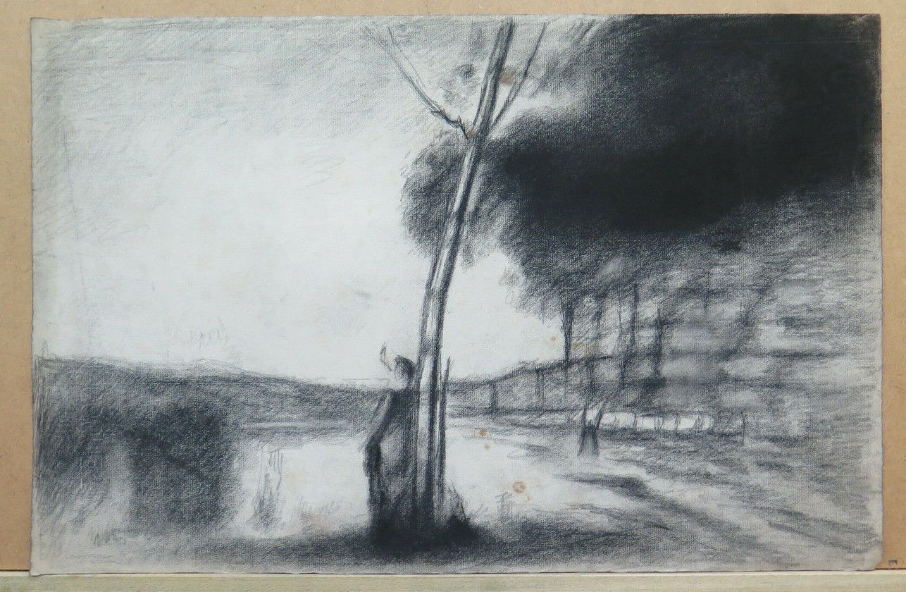 Large Drawing Antique landscape Bucolic Studio Pierre Duteurtre Dut BM53.1