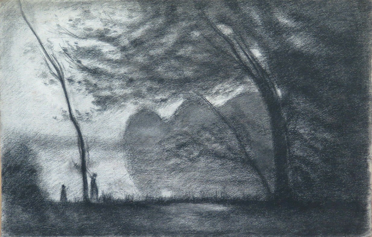 Large Drawing Antique Charcoal View lake Pierre Duteurtre Said Dut BM53.1