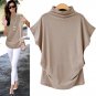 Women Casual Turtleneck Short Sleeve Cotton girl Solid Casual Blouse