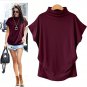 Women Casual Turtleneck Short Sleeve Cotton girl Solid Casual Blouse
