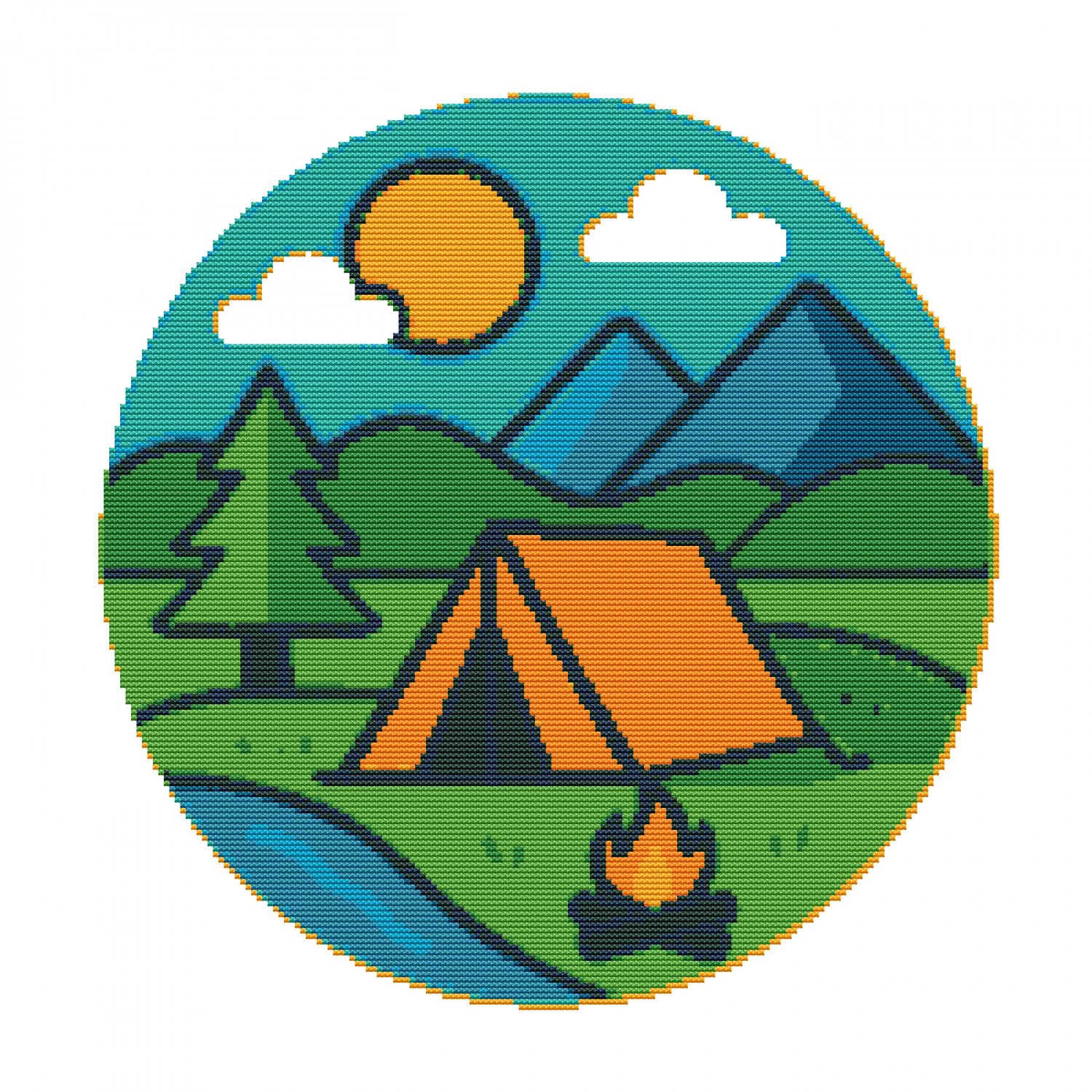 Camping tent in green forest - Cross stitch pattern PDF