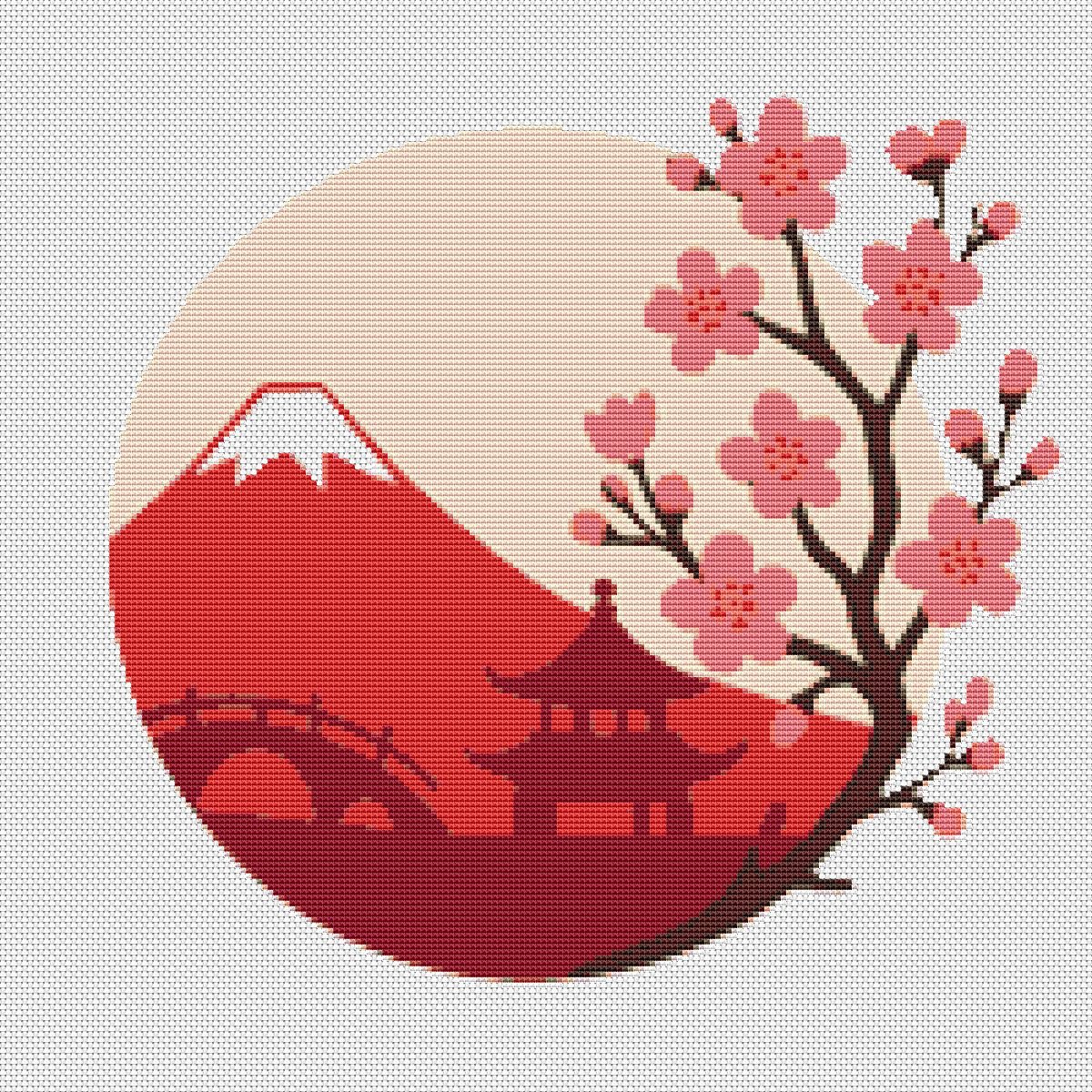 Nature - mountain and sakura - Cross stitch pattern PDF