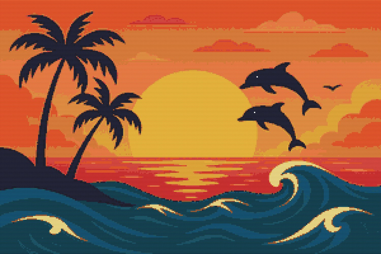 Palm trees, sunset and dolphins - Cross stitch pattern PDF - Instant download