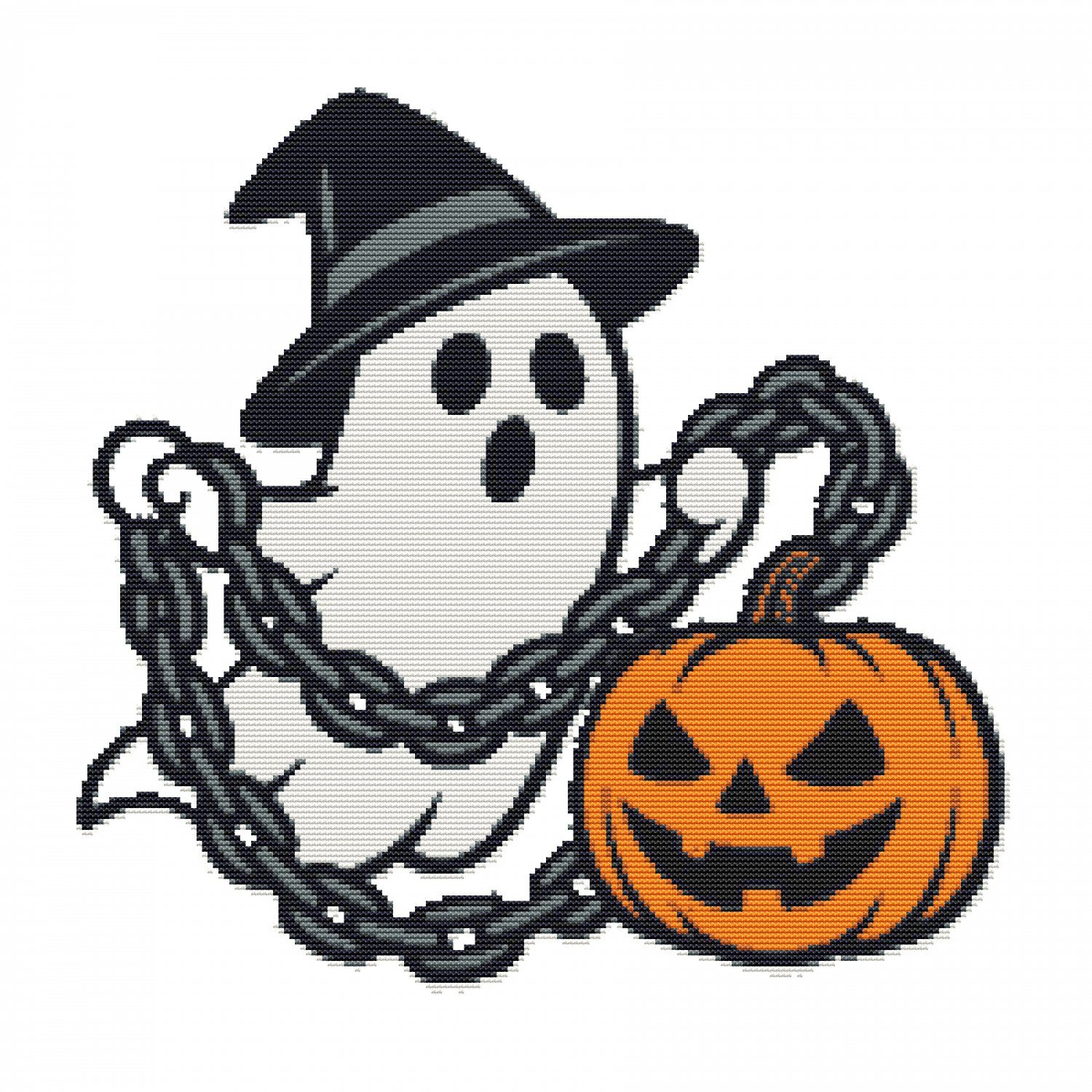 A ghost holds a pumpkin on a chain - Cross-stitch pattern PDF - Instant download