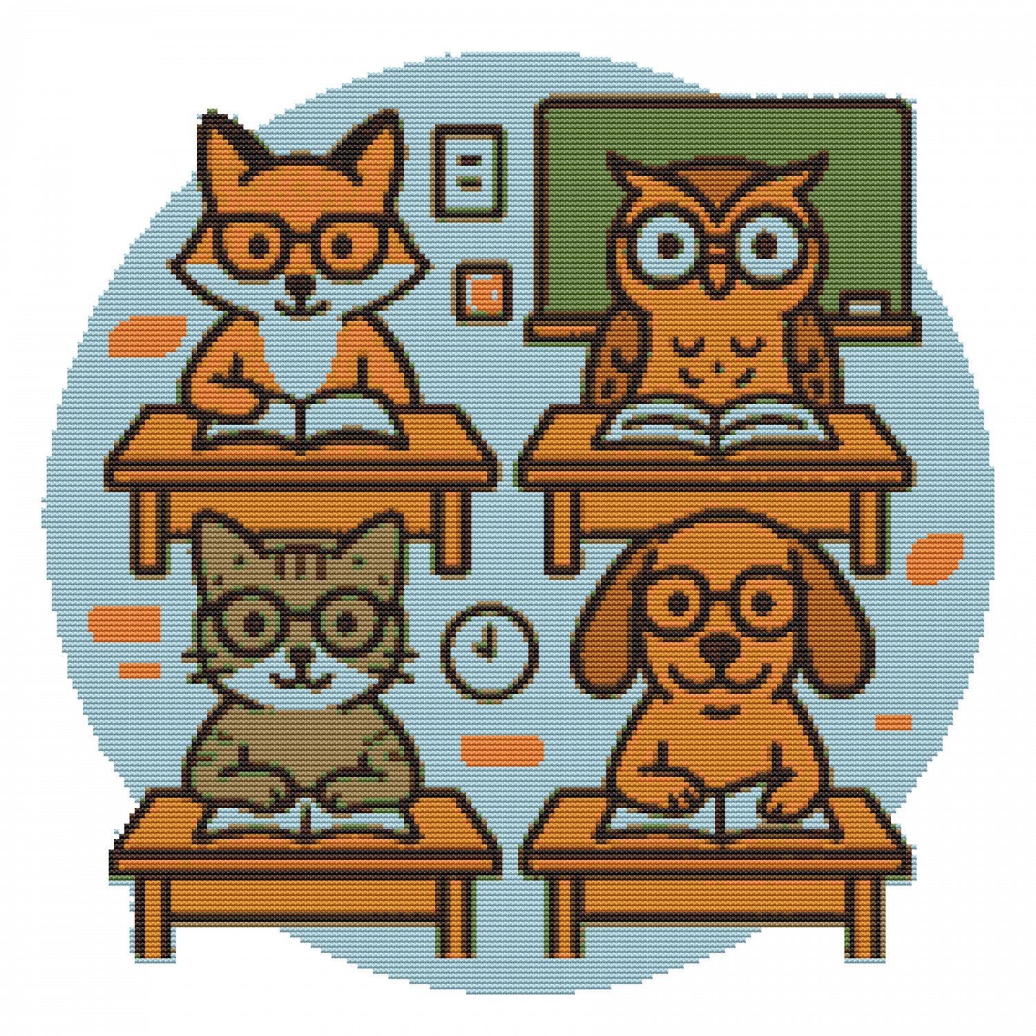 Animals at school desks - Cross-stitch pattern PDF - Instant download