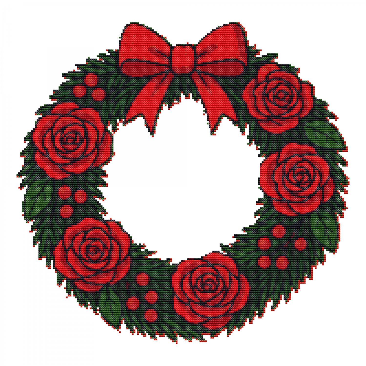 Christmas wreath with red roses - Cross-stitch pattern PDF - Instant download