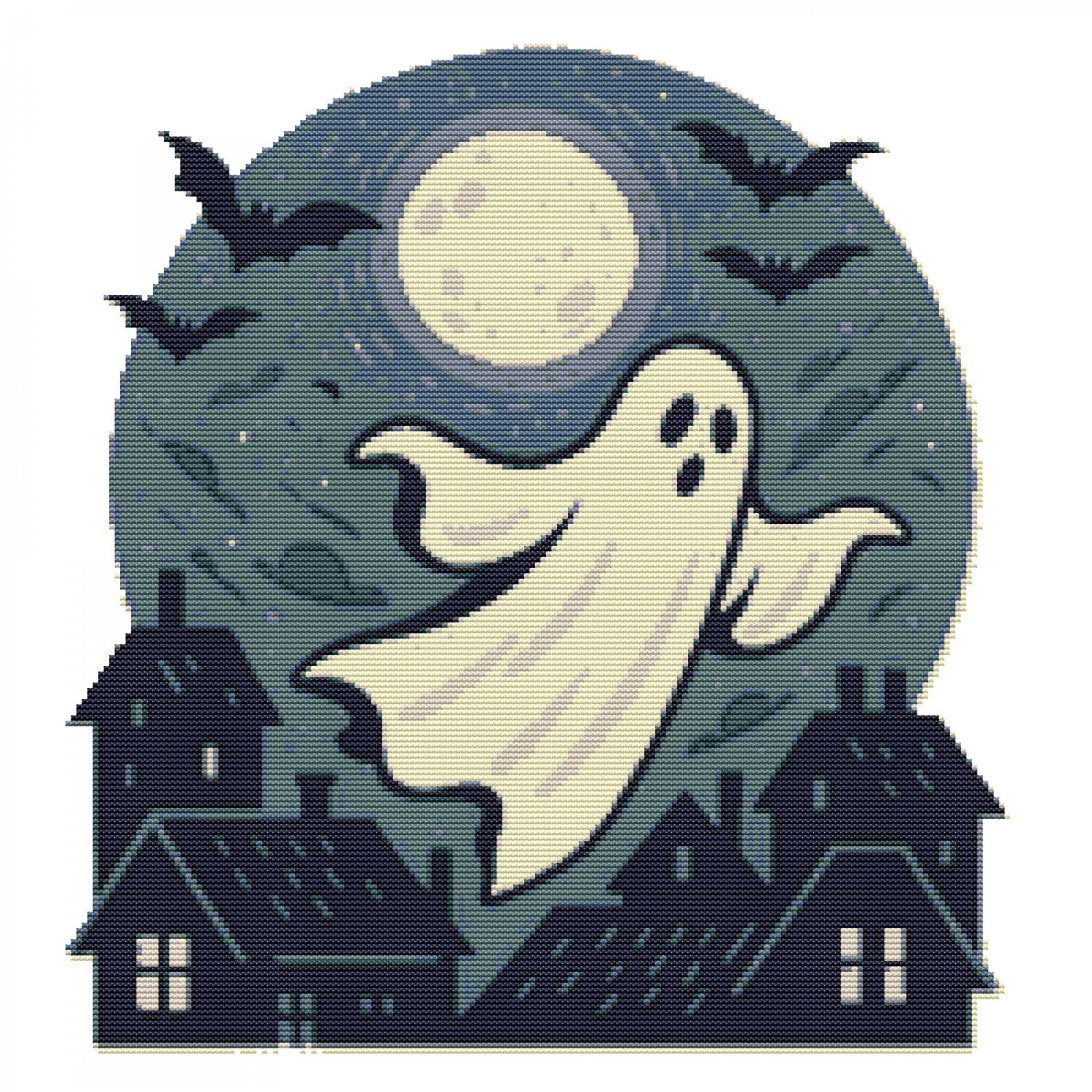 Ghost flies over the city Halloween - Cross-stitch pattern PDF - Instant download