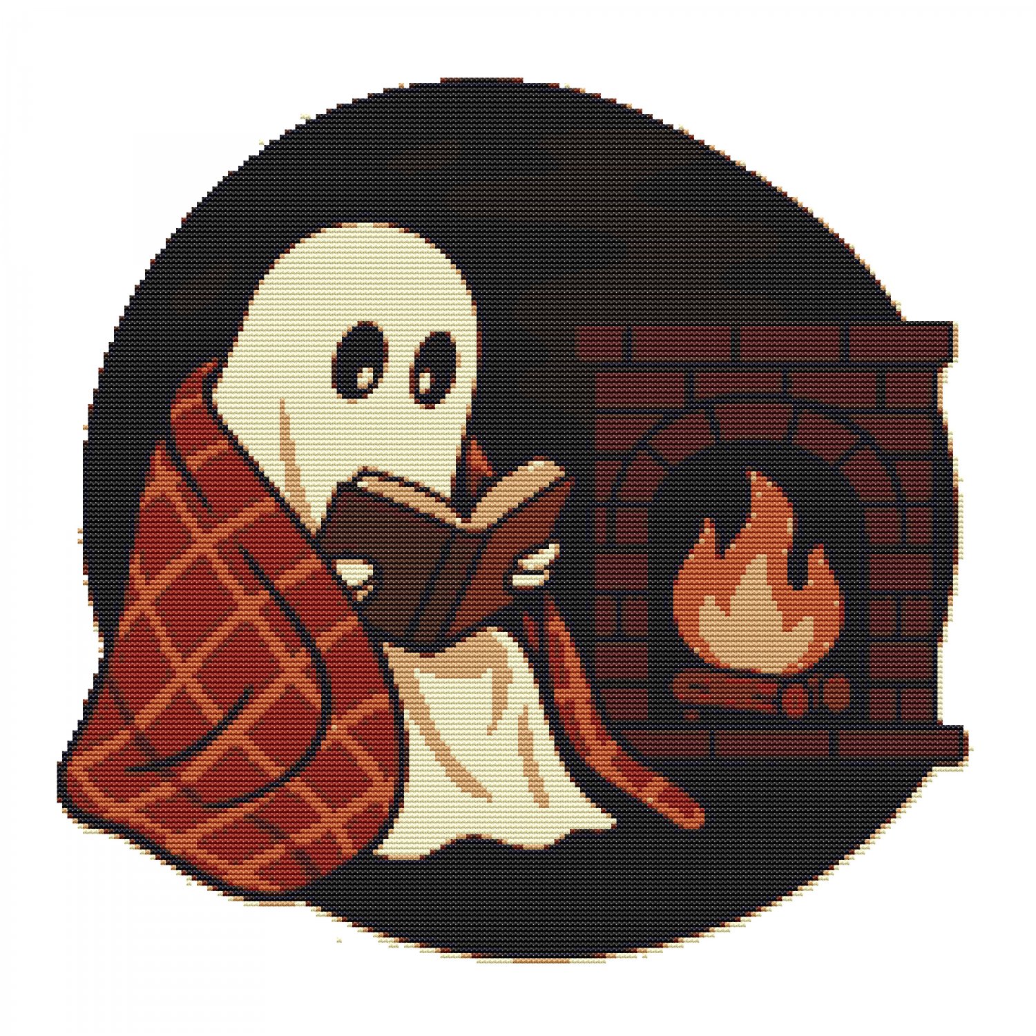 Ghost reading a book by the fireplace on Halloween - Cross-stitch pattern PDF - Instant download