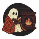 Ghost reading a book by the fireplace on Halloween - Cross-stitch pattern PDF - Instant download
