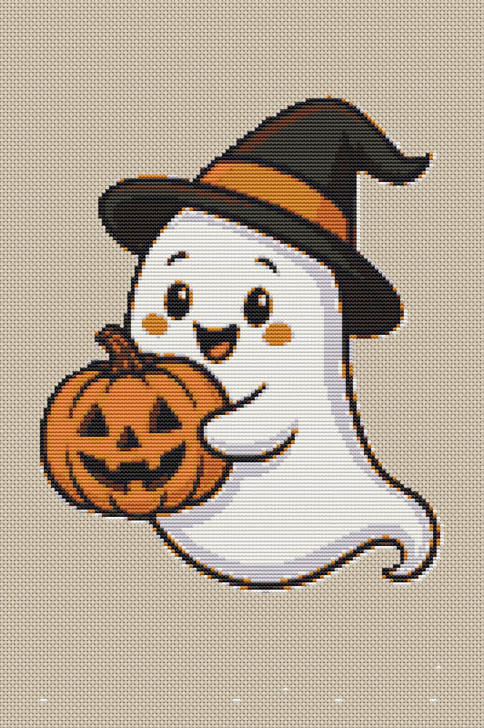 Ghost with pumpkin for Halloween - Cross-stitch pattern PDF - Instant download