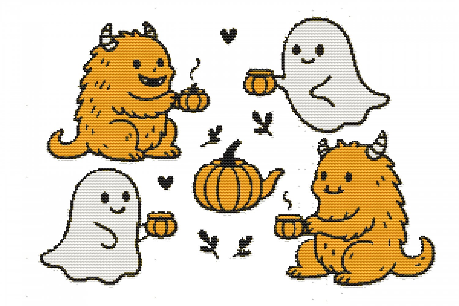 Ghosts and Monsters Drinking Tea Halloween - Cross-stitch pattern PDF - Instant download