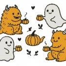 Ghosts and Monsters Drinking Tea Halloween - Cross-stitch pattern PDF - Instant download
