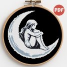 A girl is bored on the moon - Cross-stitch pattern PDF - Instant download