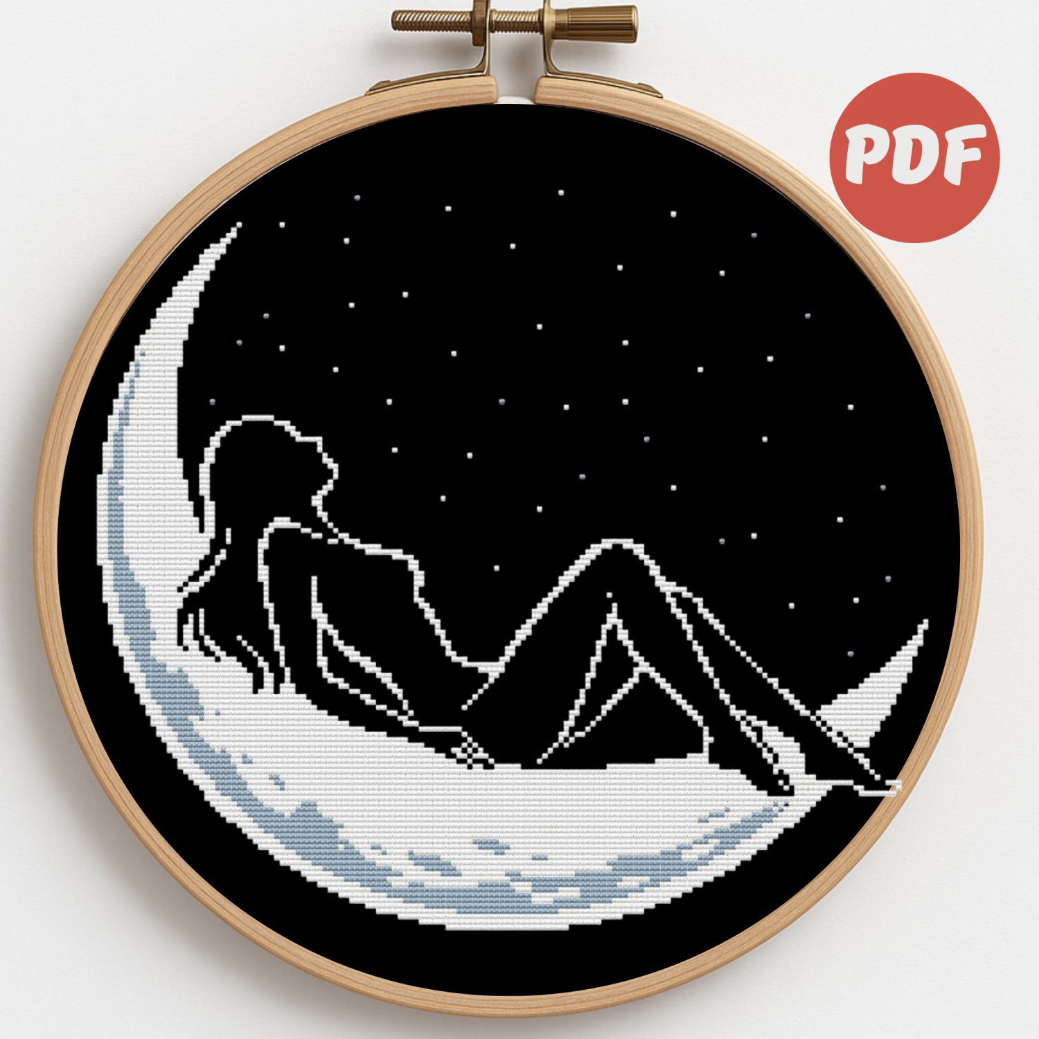 A girl is resting on the moon - Cross-stitch pattern PDF - Instant download