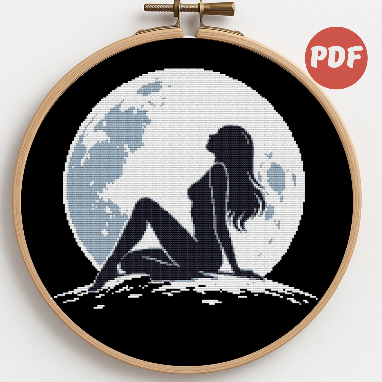 Silhouette of a girl and a bright moon on a black background - Cross-stitch pattern PDF