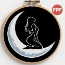 Silhouette of a girl with beautiful hair against the moon - Cross-stitch pattern PDF