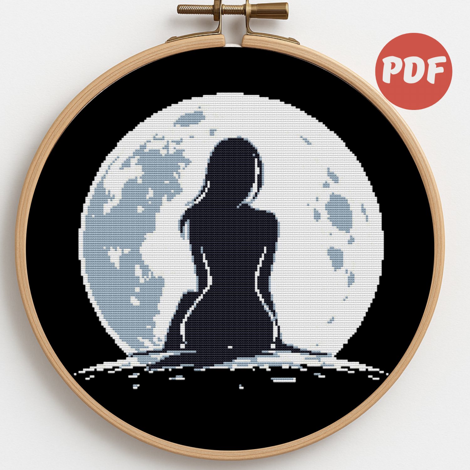 Stylish silhouette of a girl against the moon - Cross-stitch pattern PDF - Instant download
