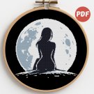 Stylish silhouette of a girl against the moon - Cross-stitch pattern PDF - Instant download
