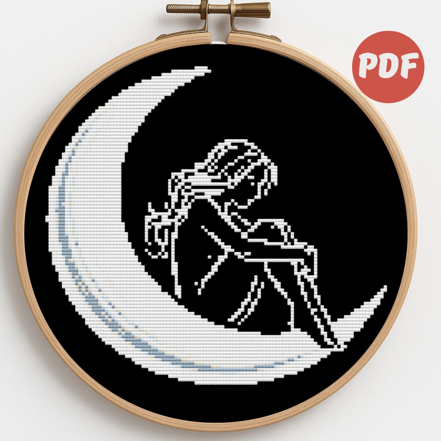 Silhouette of a sad girl on the moon - Cross-stitch pattern PDF - Instant download