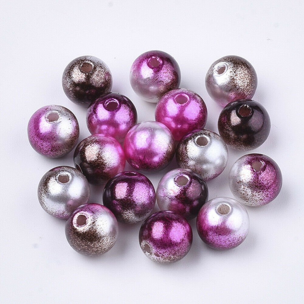 PURPLE PINK & SILVER - Round plastic beads mixed colour mermaid shimmer acrylic pretty (8 mm)