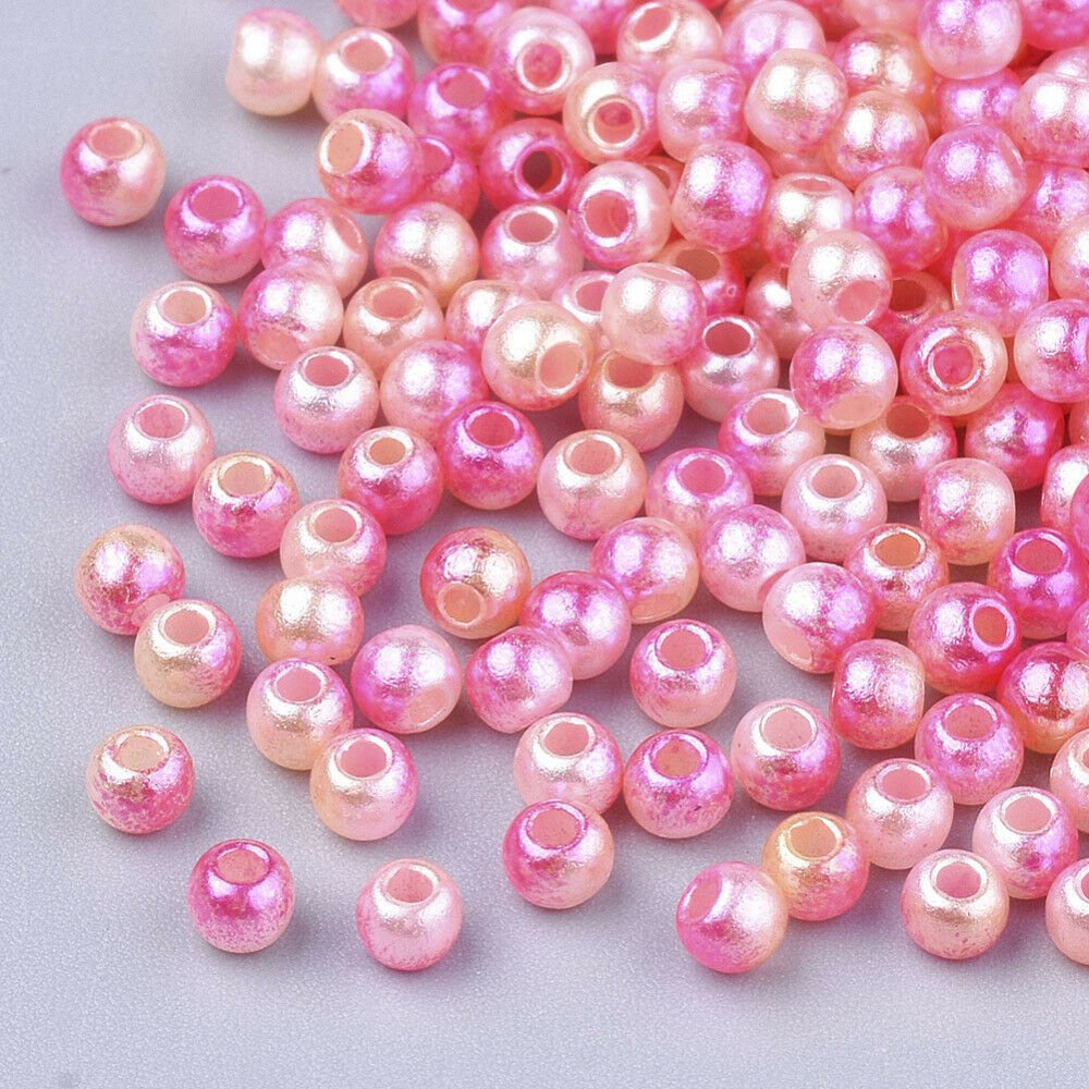 BRIGHT PINK & WHITE - Round plastic beads mixed colour mermaid shimmer acrylic pretty (8 mm)