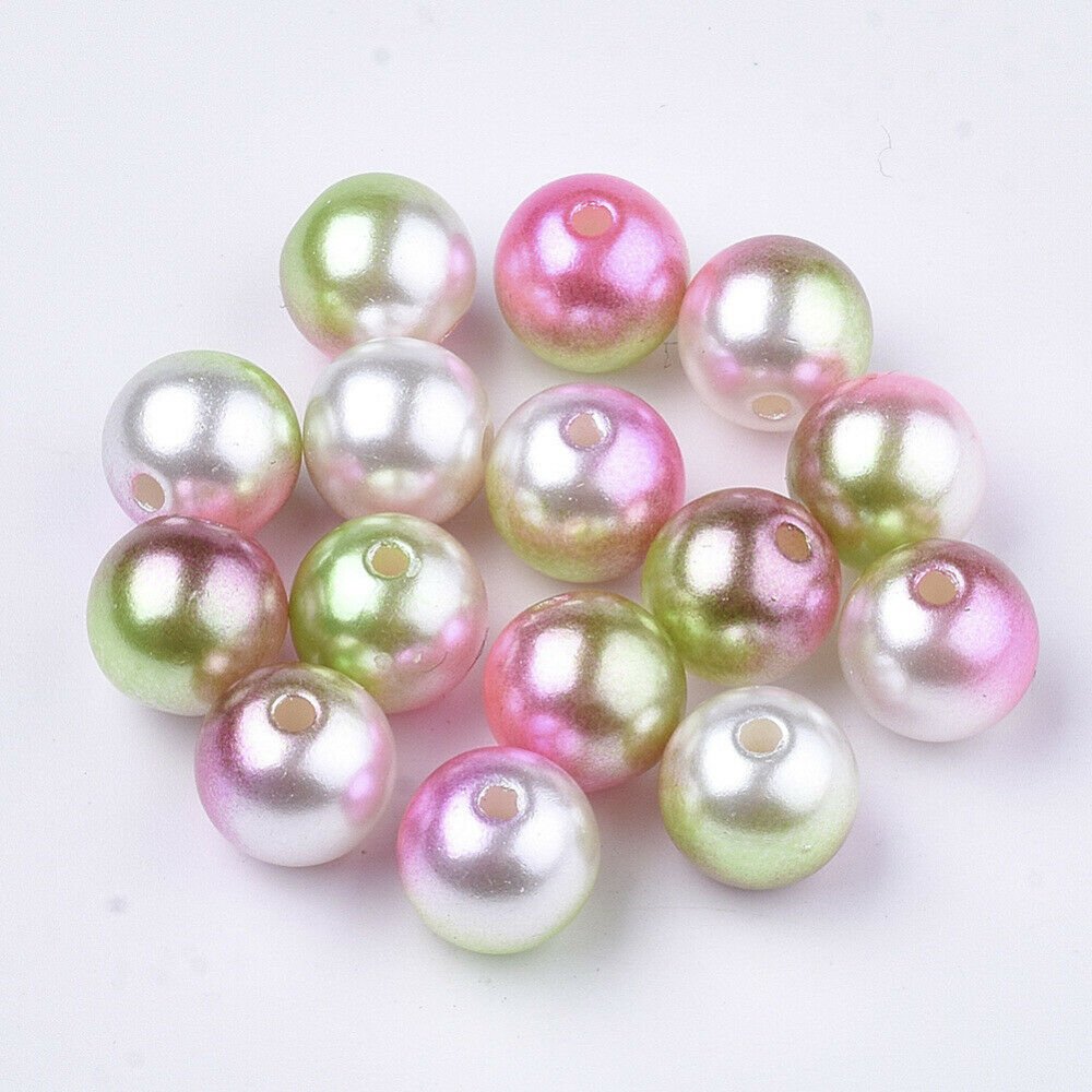 PINK GREEN & WHITE - Round plastic beads mixed colour mermaid shimmer acrylic pretty (8 mm)