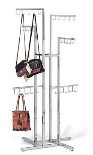 Handbag Purse Display Rack Chrome 4-Way w 30 J-Hooks Adjustable 48" - 72" Silver