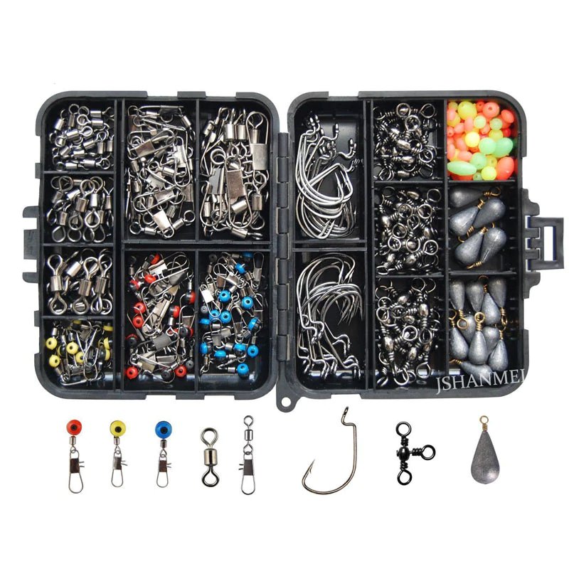 160 Fishing Accessories Kit Jig Hooks Sinker Weight Swivel Snaps Tackle Box Set