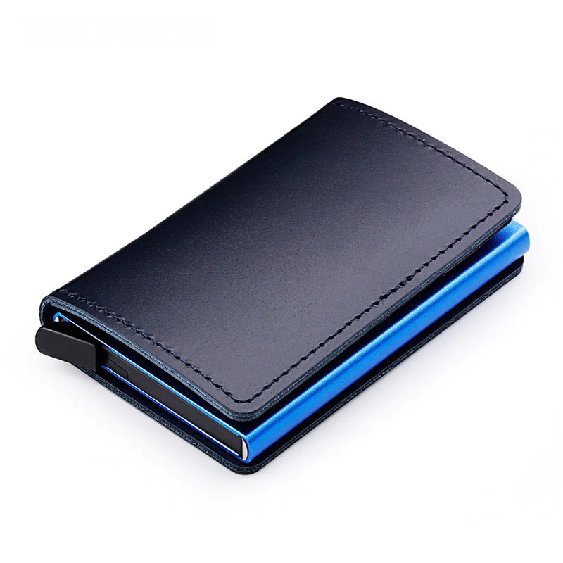 Genuine Leather Credit Card Holder RFID Blocking Aluminum Case Men Mini Wallet