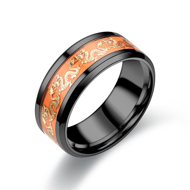 Luminous Rings Dragon Pattern Black Stainless Steel Glowing Mens Punk Jewelry
