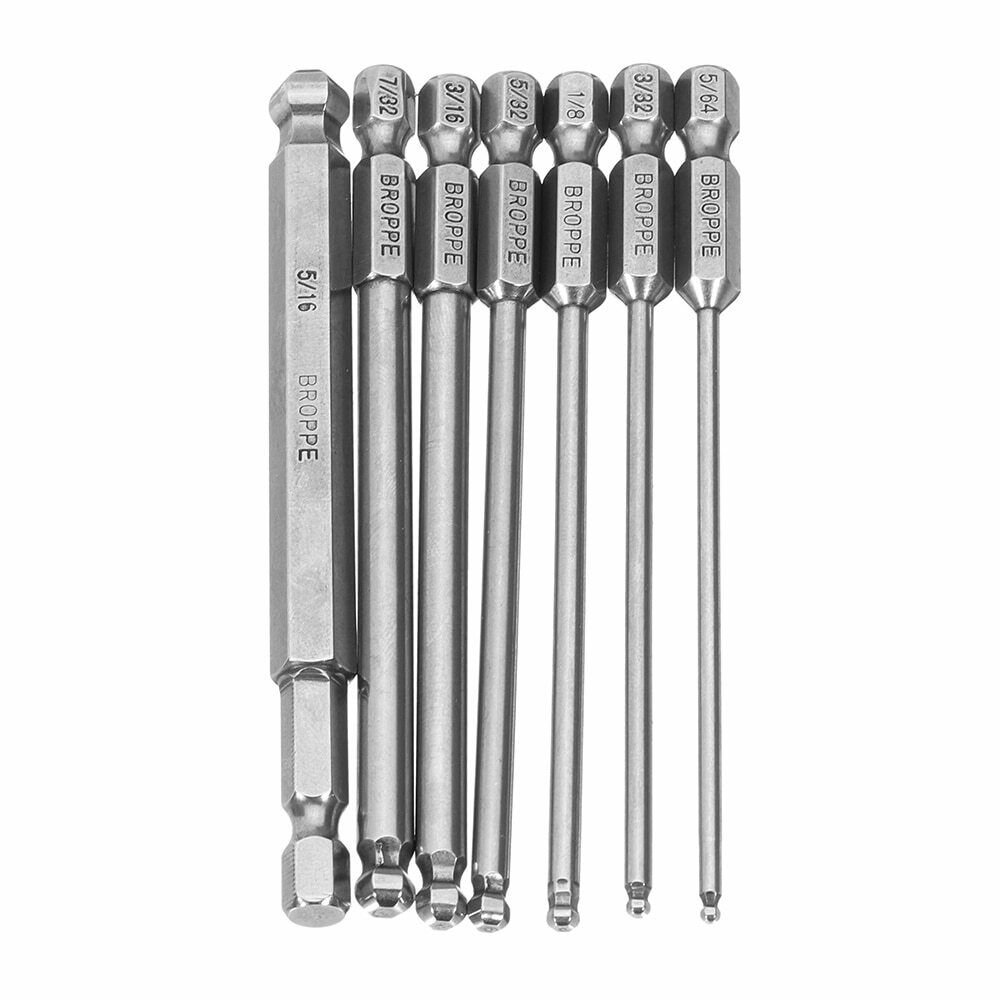 7pcs SAE 5/64-5/16 Inch 100mm Magnetic Ball Screwdriver Bit 1/4 Hex Shank