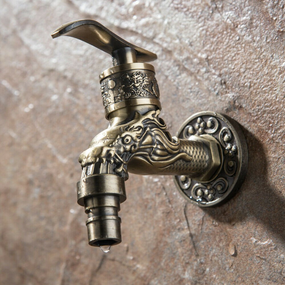 Brass Outdoor Garden Faucet Dragon Carving Tap Spigot Bibcock Art Decor Vintage