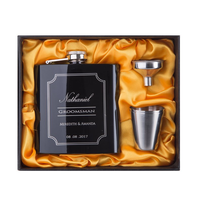 Personalized Hip Flask Stainless Steel 6oz Black Alcohol Bottle Whiskey Gift Set