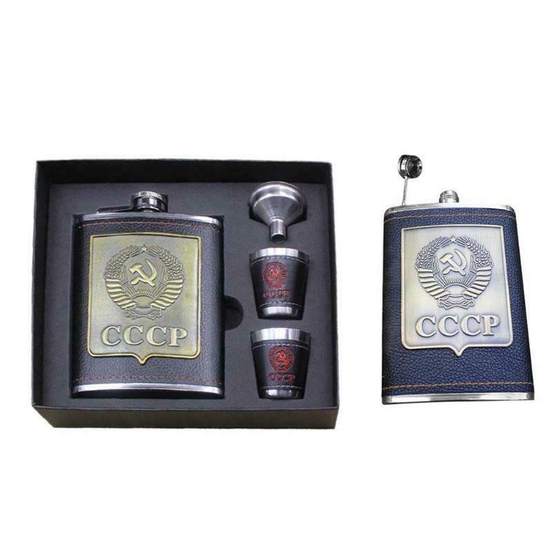 CCCP Russian Vodka Flask 8oz Stainless Steel 230ml Alcohol Bottle Funnel Cup Set