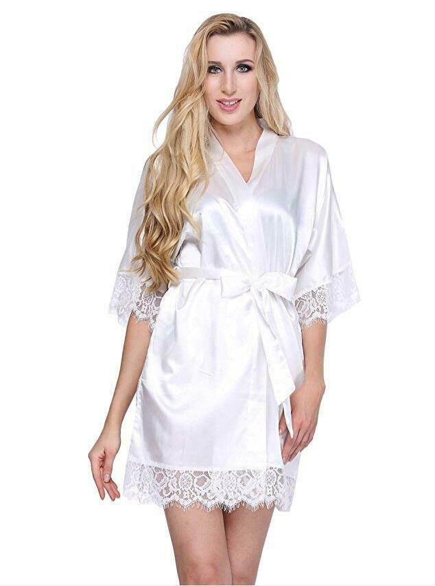 Women's Robe Lace Bridal Nightgown Sleepwear Sexy Kimono Satin Short Bathrobe