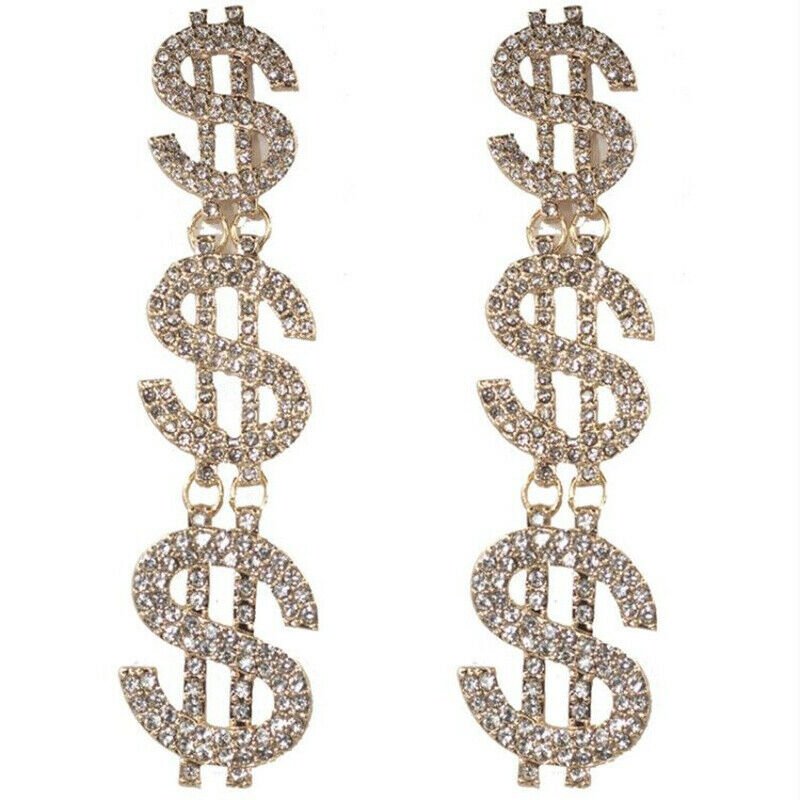 US Dollar Earring Jewelry Ear Rings for Women $ Money Sign Rhinestone Pendant