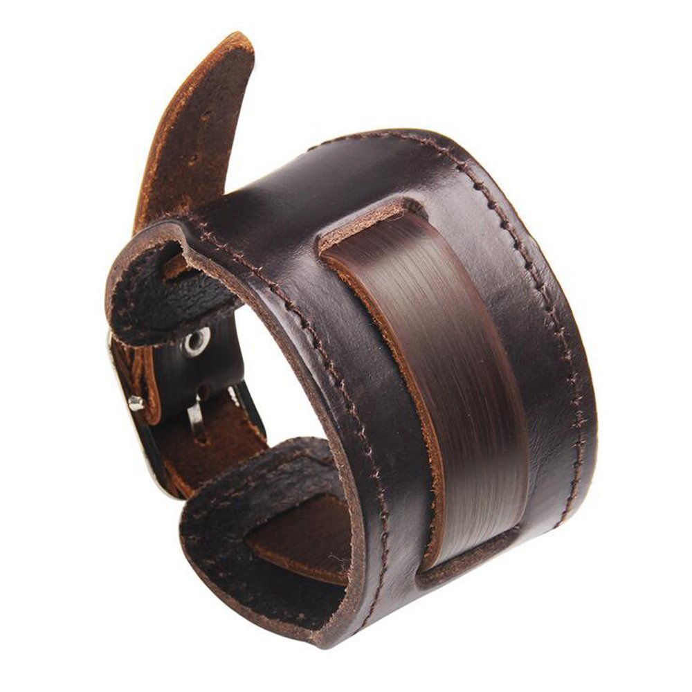 Mens Genuine Leather Bracelet Black & Brown Color Wide Bangles Vintage Wristband