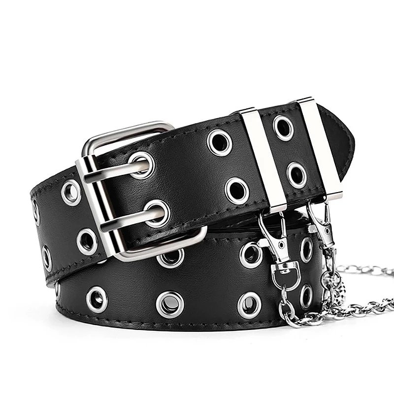 Women Riveted Decor Fashion Genuine Leather Belt with Metal Chain Pin Buckle