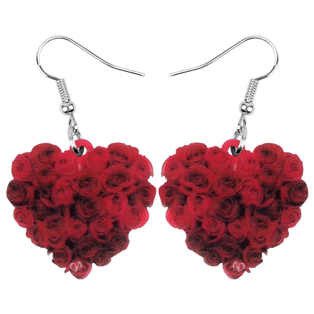 Women Heart Shape Rose Earrings Acrylic Valentine's Day Drop Dangle Jewelry Girl
